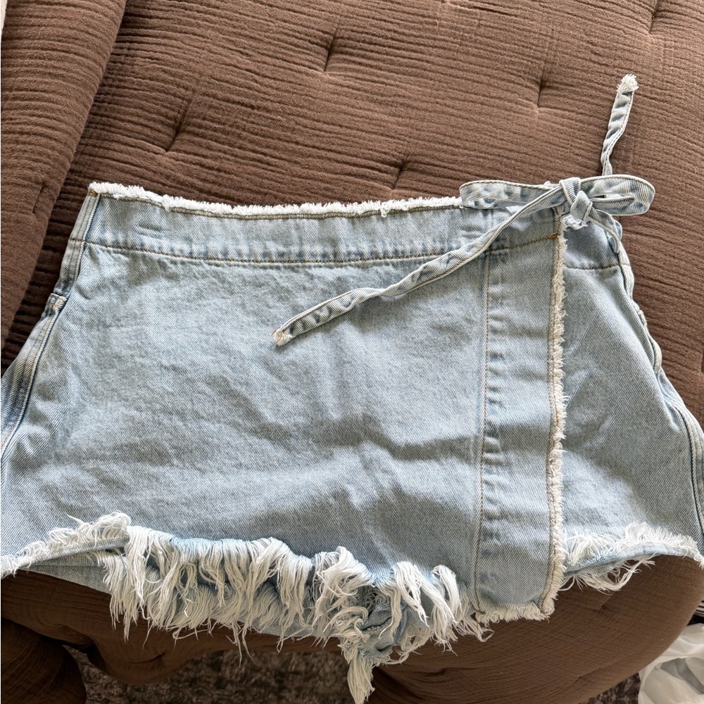 Showpo Light Blue Denim Wrap Skort with Frayed Trim